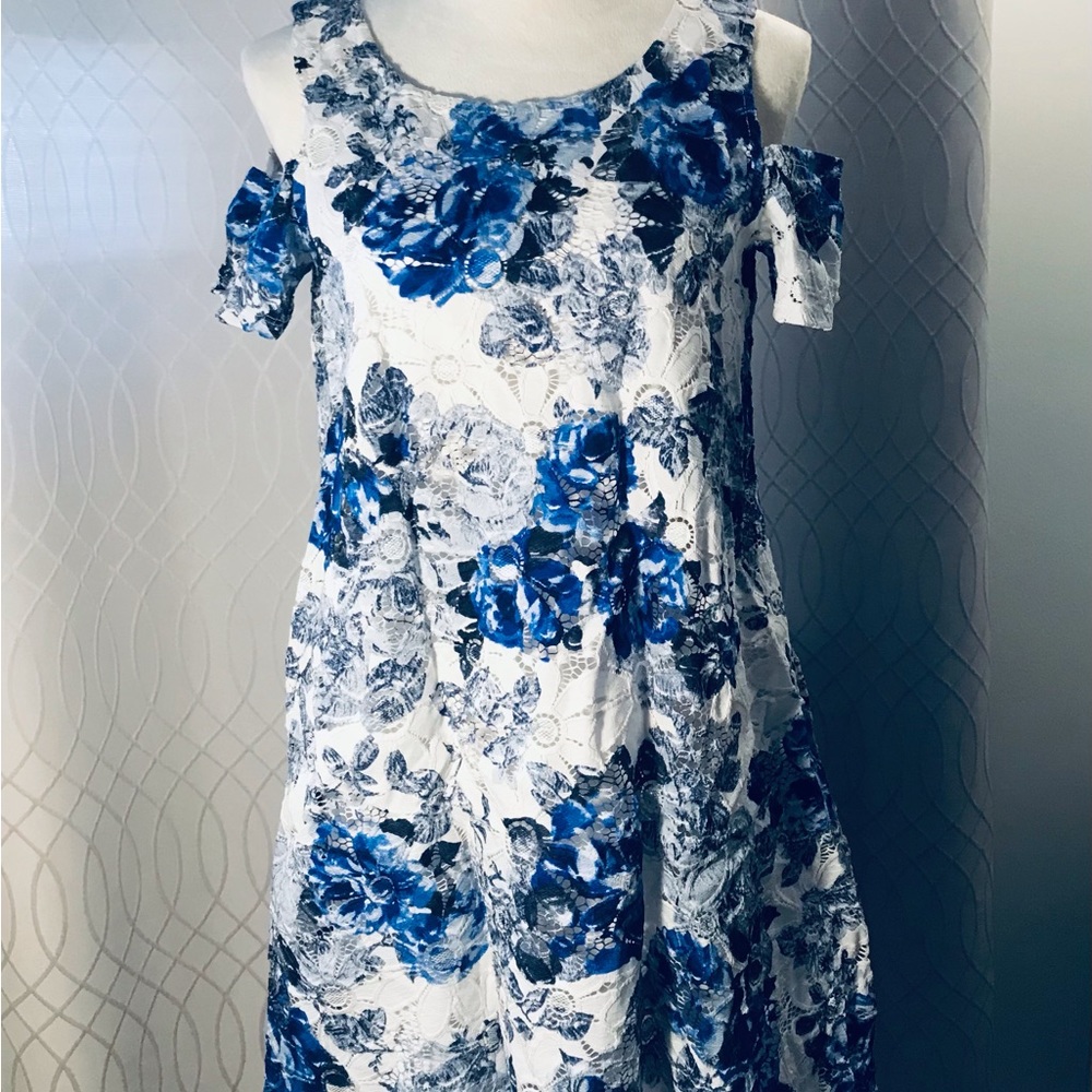 Flowered Blue & White Dress, Lace Size 10